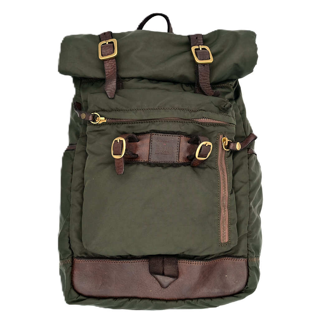 campomaggi leather trimmed backpack Leather and military green polyamide fabric "Londra" backpack CAMPOMAG –  Sartorial Corner