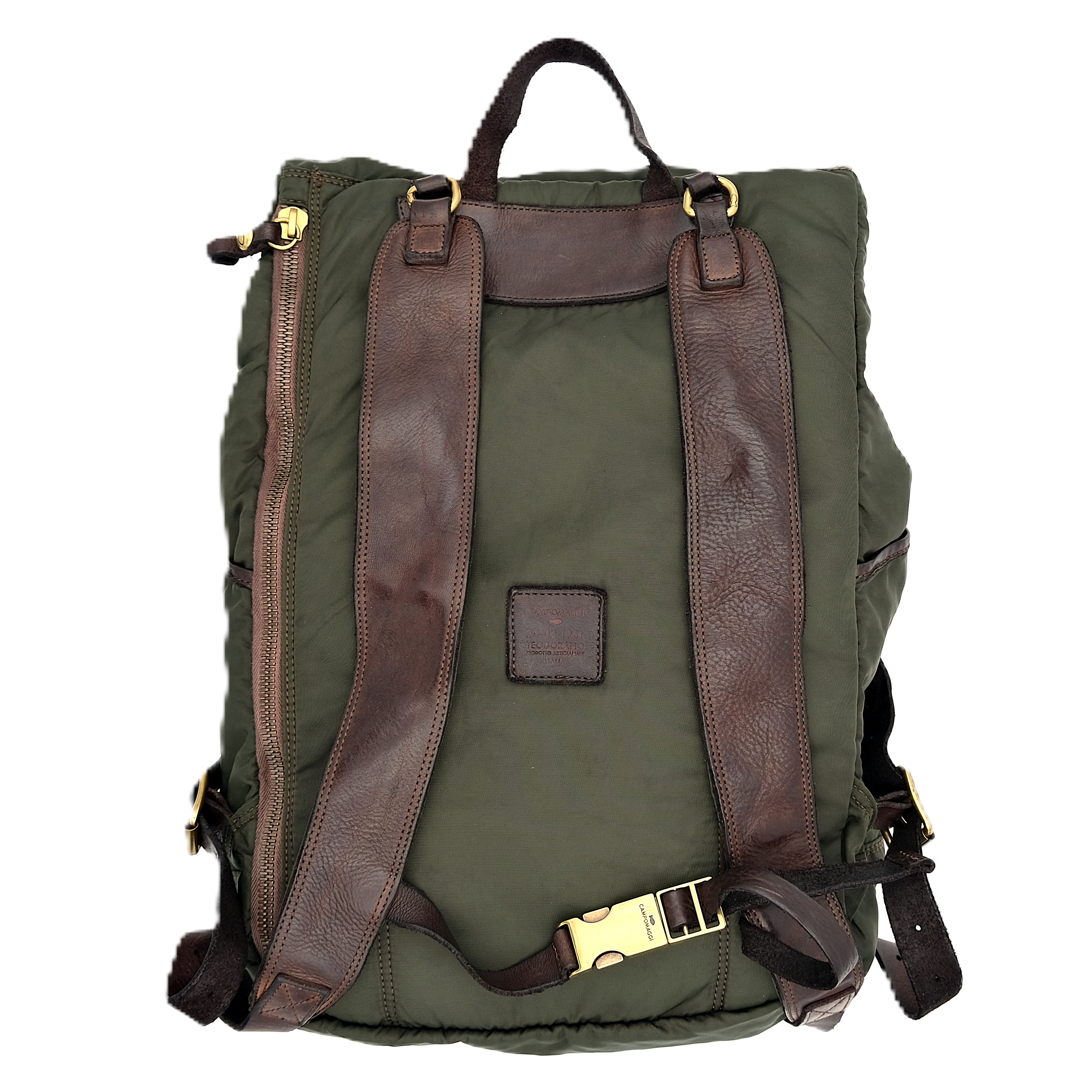 campomaggi leather trimmed backpack Leather and military green polyamide fabric "Londra" backpack CAMPOMAG – Sartorial Corner