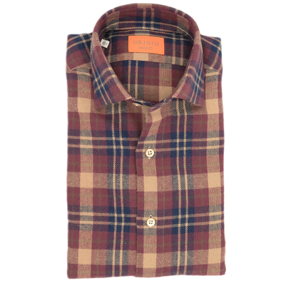 Beige, dark blue and wine bed check patterns "washed" casual shirt GRIGIO