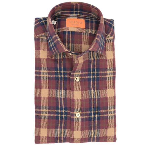 Beige, dark blue and wine bed check patterns "washed" casual shirt GRIGIO