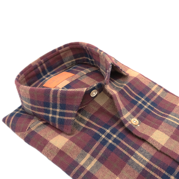 Beige, dark blue and wine bed check patterns "washed" casual shirt GRIGIO