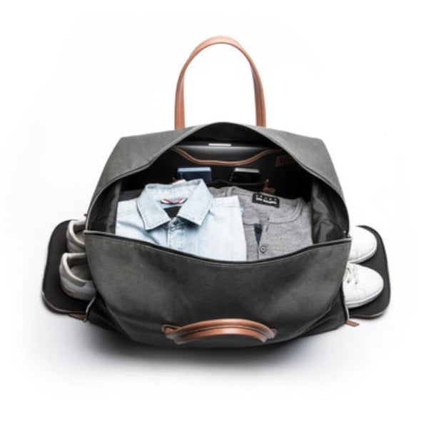 Voyager bag LUNDI Remington grey canvas and cognac leather