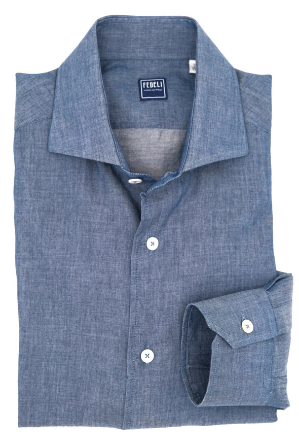 Mid blue denim "cotton voile" casual shirt FEDELI
