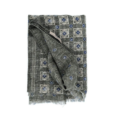 Green background colour with light grey and navy blue flowers patterns scarf ROSI