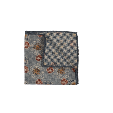 Mottled blue background colour with rust, beige and blue denim flowers patterns pocket square ROSI