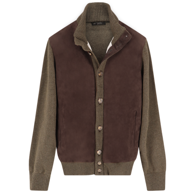 Khaki buttoned cardigan with brown suede MAGLIFICIO