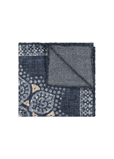 Denim blue background colour with beige and mid blue patterns pocket square ROSI
