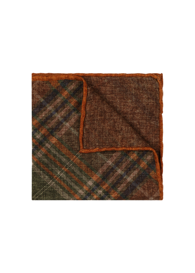 Mottled brown background colour with navy blue, khaki and orange patterns pocket square ROSI