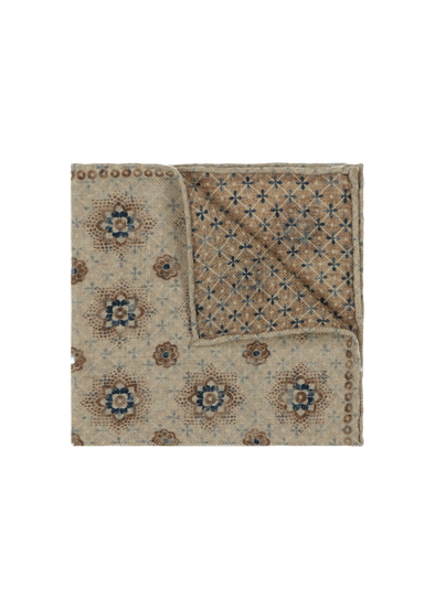 Sand colour background with brown and navy blue flowers patterns pocket square ROSI