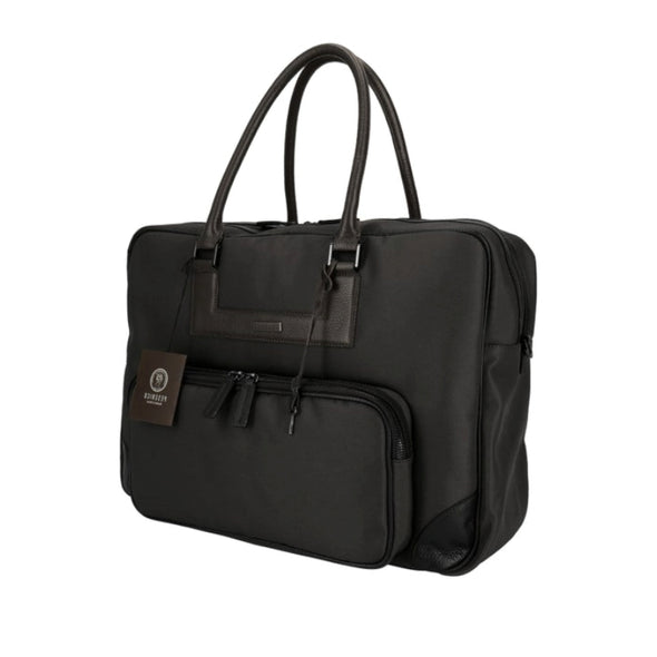Travel bag black nylon and dark brown leather PESERICO